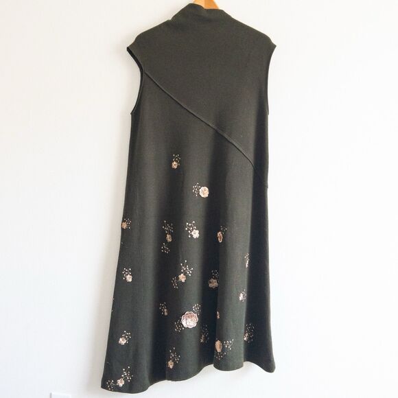 Forest Green Asymmetrical Knit Dress Gold Floral Embroidery Size M/L Fairycore - Picture 2 of 11